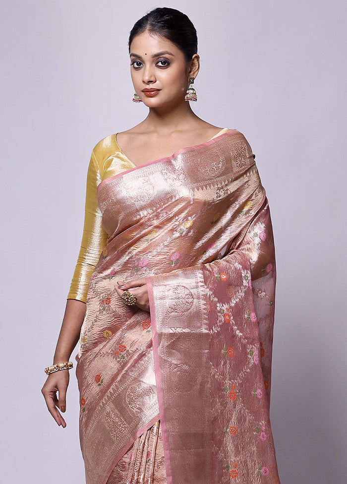 Pink Crushed Tissue Silk Saree With Blouse Piece