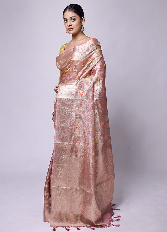 Pink Crushed Tissue Silk Saree With Blouse Piece