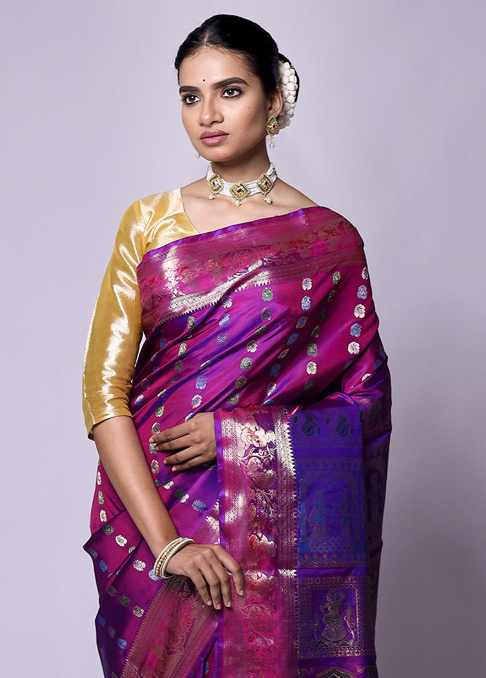 Purple Handloom Baluchari Pure Silk Saree With Blouse Piece