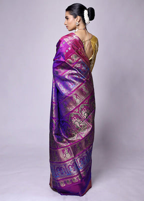 Purple Handloom Baluchari Pure Silk Saree With Blouse Piece