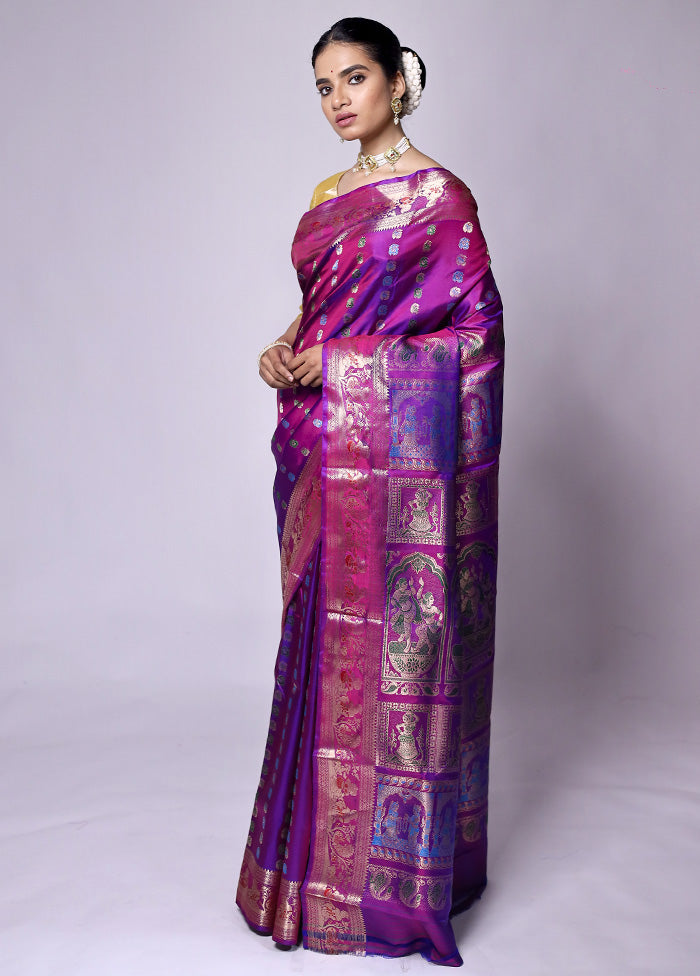 Purple Handloom Baluchari Pure Silk Saree With Blouse Piece