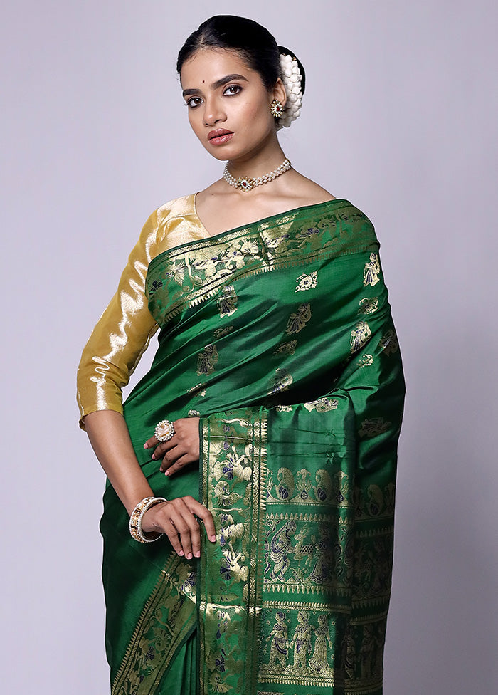 Green Handloom Baluchari Pure Silk Saree With Blouse Piece