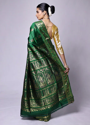 Green Handloom Baluchari Pure Silk Saree With Blouse Piece