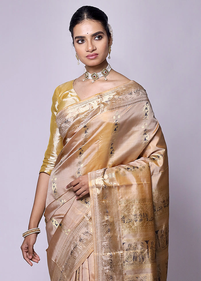 Cream Handloom Baluchari Pure Silk Saree With Blouse Piece