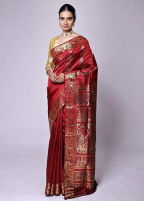 Red Handloom Baluchari Pure Silk Saree With Blouse Piece