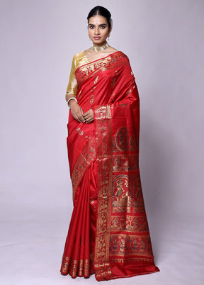 Red Handloom Baluchari Pure Silk Saree With Blouse Piece