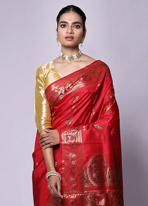 Red Handloom Baluchari Pure Silk Saree With Blouse Piece