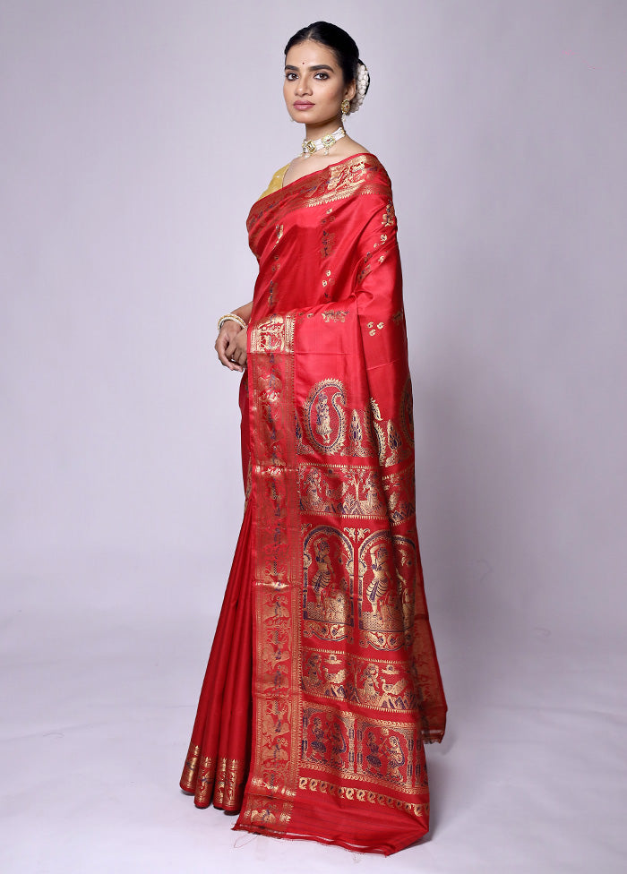 Red Handloom Baluchari Pure Silk Saree With Blouse Piece