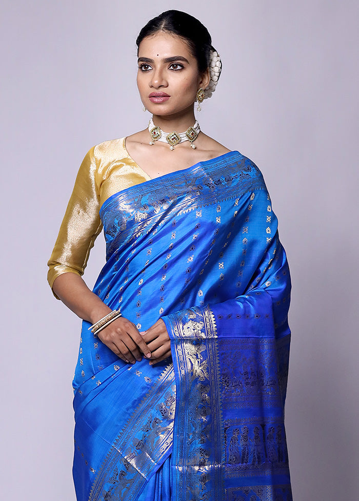 Blue Handloom Baluchari Pure Silk Saree With Blouse Piece