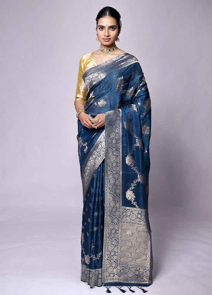 Blue Dupion Silk Saree With Blouse Piece