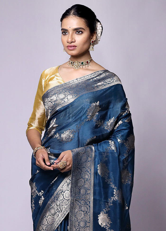 Blue Dupion Silk Saree With Blouse Piece