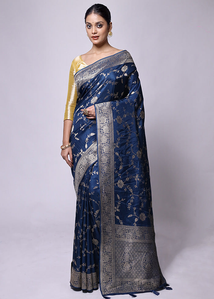 Blue Dupion Silk Saree With Blouse Piece