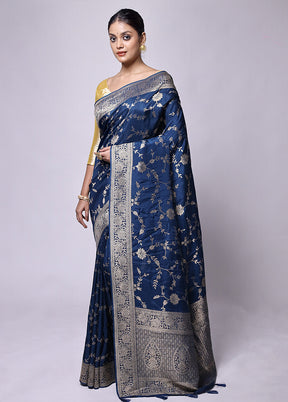 Blue Dupion Silk Saree With Blouse Piece