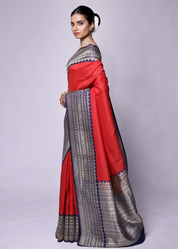 Red Dupion Silk Saree With Blouse Piece