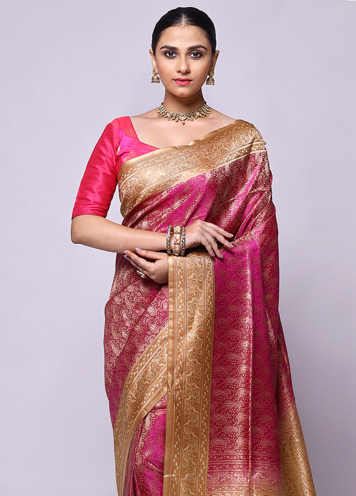 Pink Jamewar Silk Saree With Blouse Piece