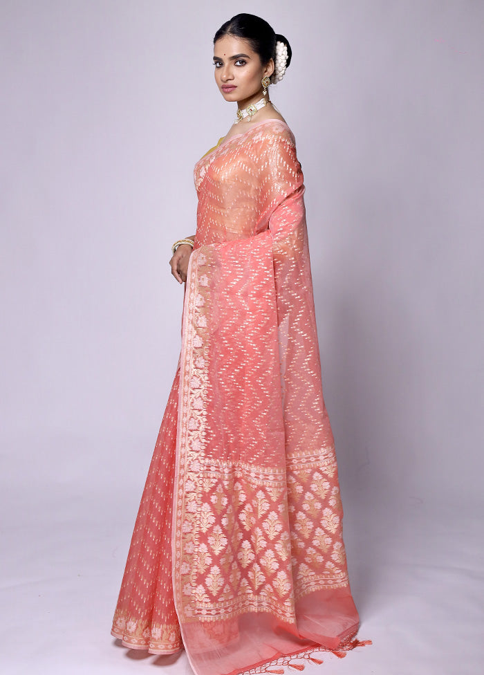 Peach Kora Silk Saree With Blouse Piece