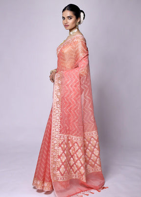 Peach Kora Silk Saree With Blouse Piece