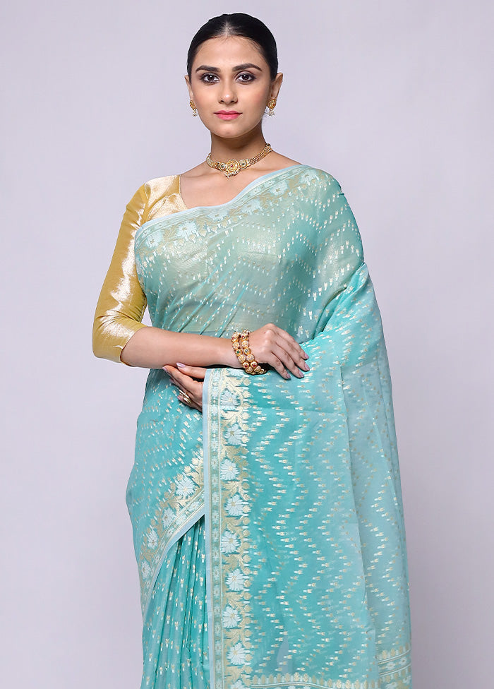 Blue Kora Silk Saree With Blouse Piece