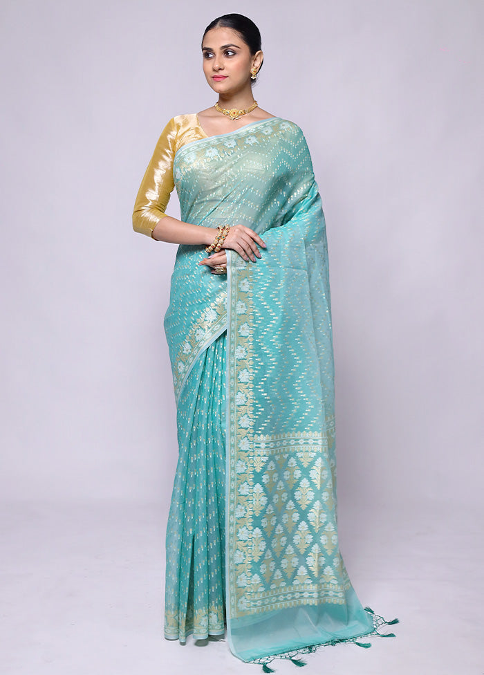 Blue Kora Silk Saree With Blouse Piece