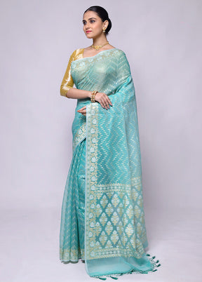 Blue Kora Silk Saree With Blouse Piece