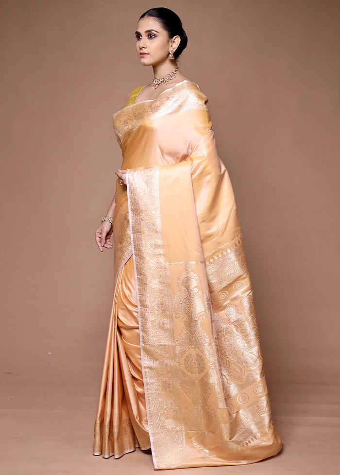 Peach Banarasi Silk Saree With Blouse Piece