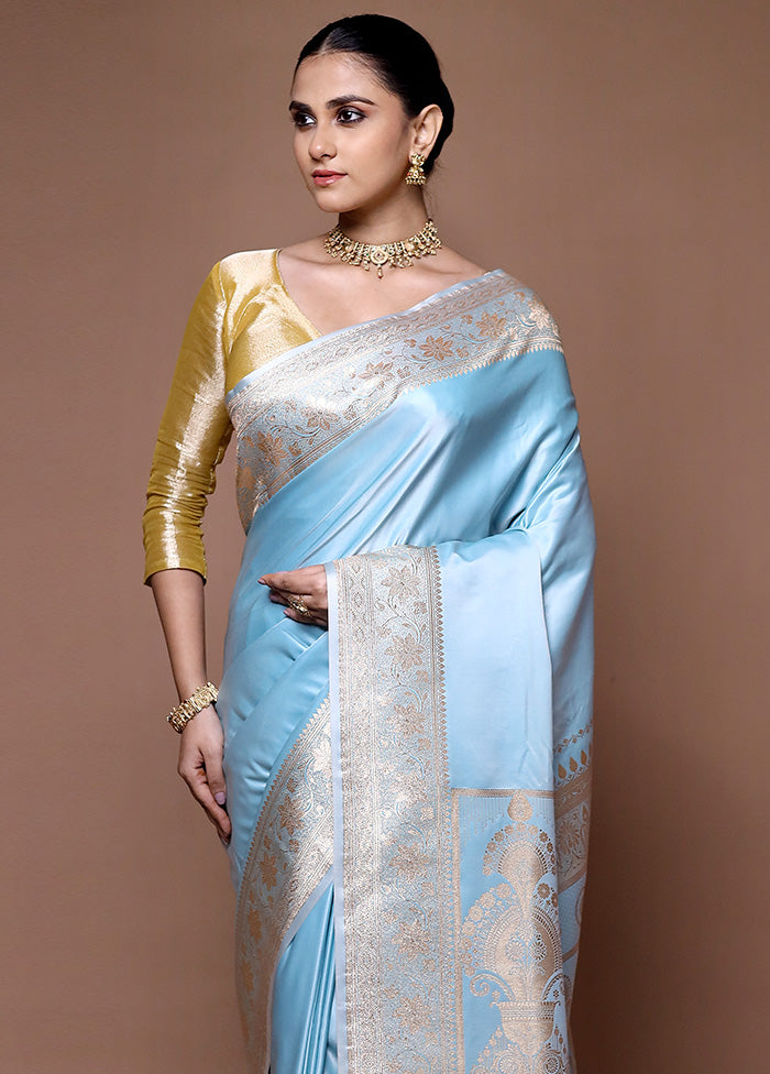 Blue Banarasi Silk Saree With Blouse Piece