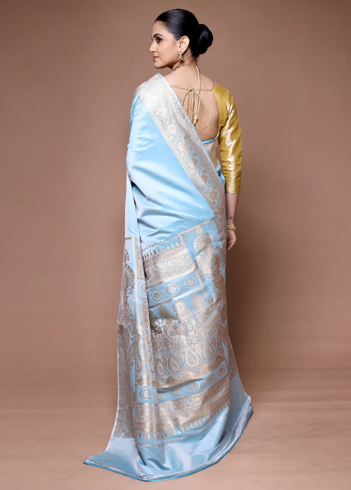 Blue Banarasi Silk Saree With Blouse Piece