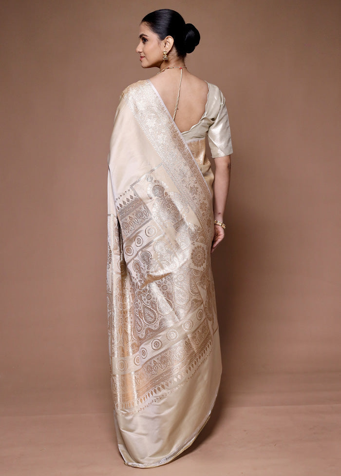 Cream Banarasi Silk Saree With Blouse Piece