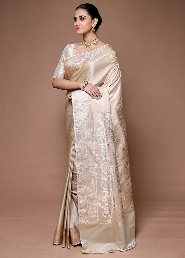 Cream Banarasi Silk Saree With Blouse Piece