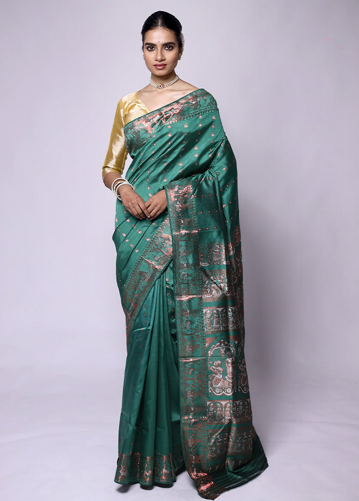 Green Handloom Baluchari Pure Silk Saree With Blouse Piece