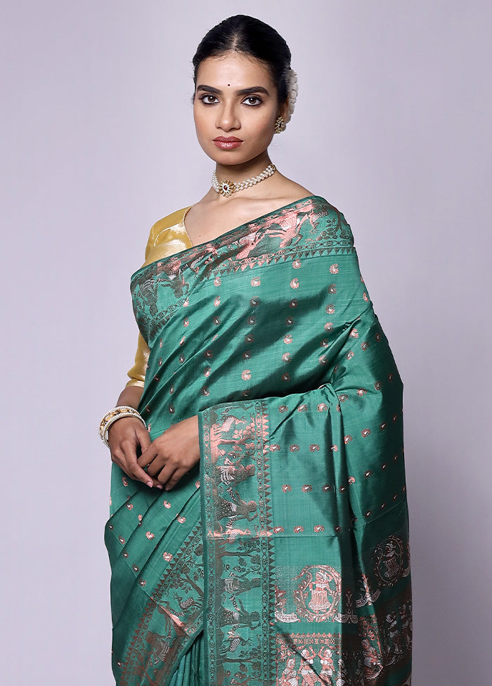 Green Handloom Baluchari Pure Silk Saree With Blouse Piece