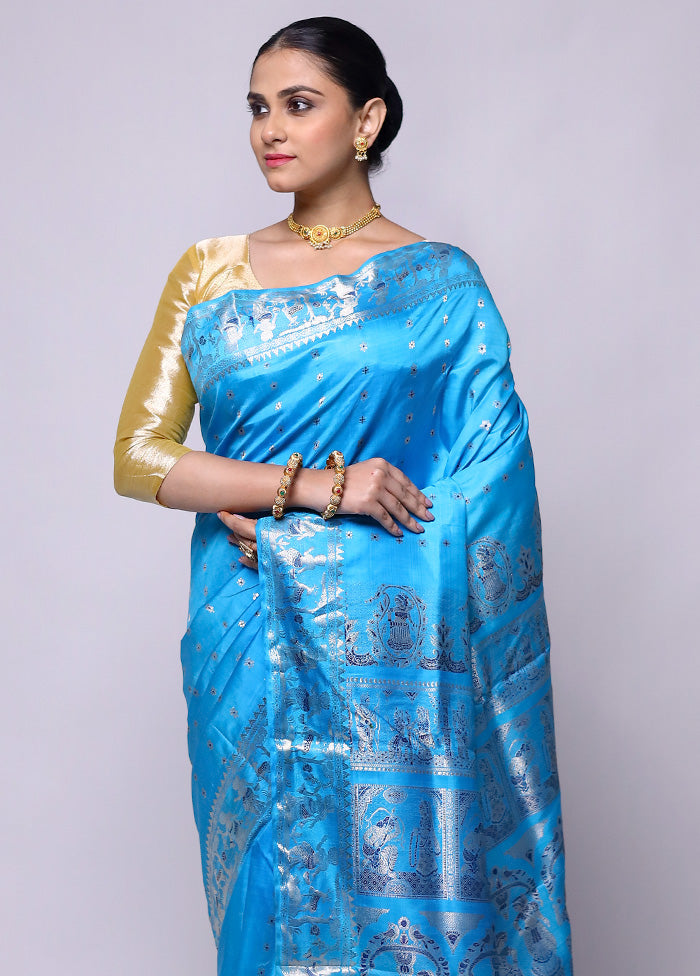 Blue Handloom Baluchari Pure Silk Saree With Blouse Piece