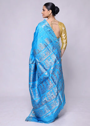 Blue Handloom Baluchari Pure Silk Saree With Blouse Piece