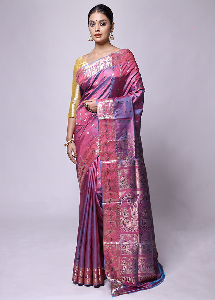 Purple Handloom Baluchari Pure Silk Saree With Blouse Piece