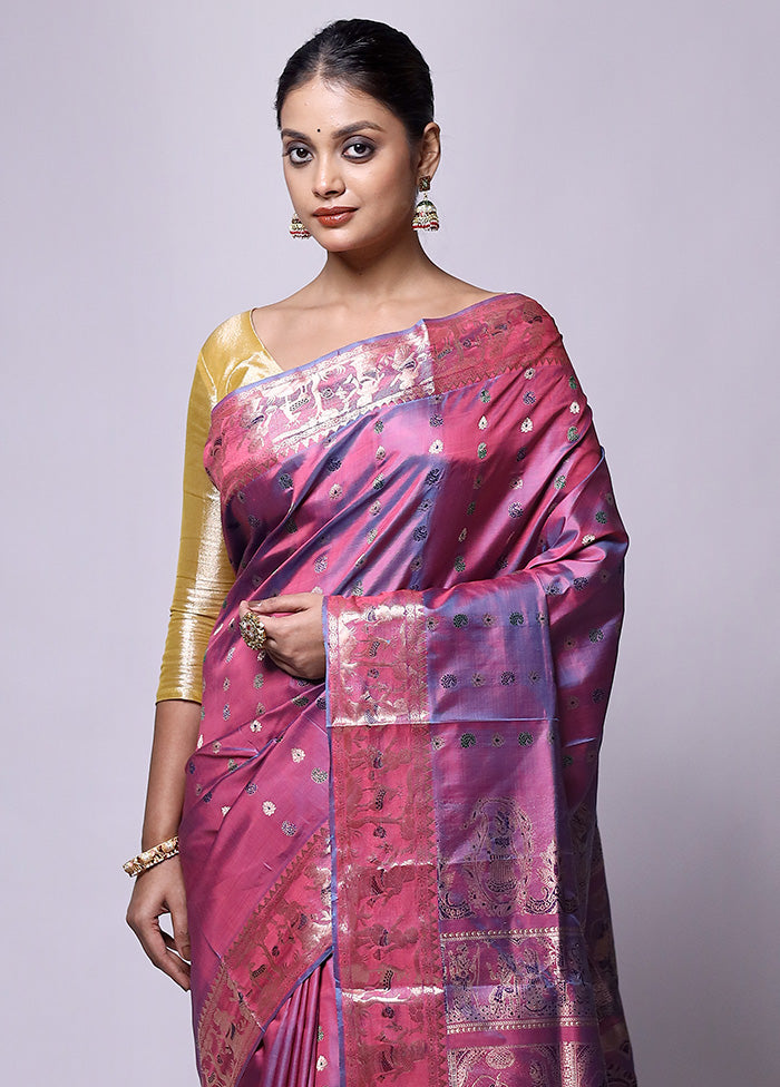 Purple Handloom Baluchari Pure Silk Saree With Blouse Piece