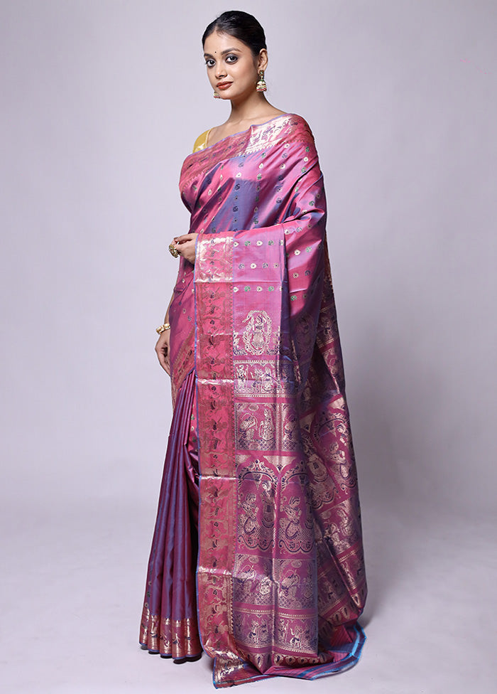 Purple Handloom Baluchari Pure Silk Saree With Blouse Piece