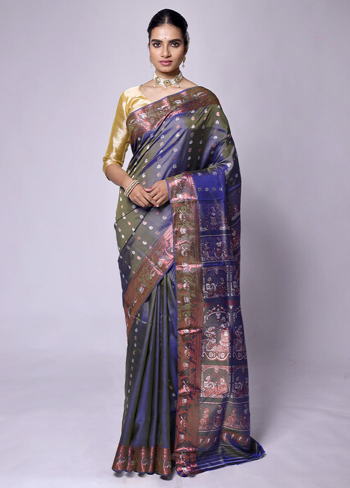 Blue Handloom Baluchari Pure Silk Saree With Blouse Piece