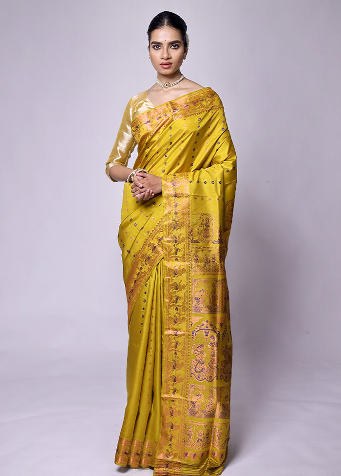 Yellow Handloom Baluchari Pure Silk Saree With Blouse Piece