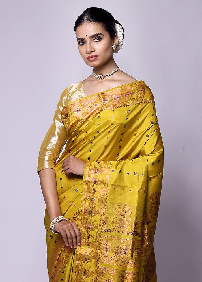 Yellow Handloom Baluchari Pure Silk Saree With Blouse Piece