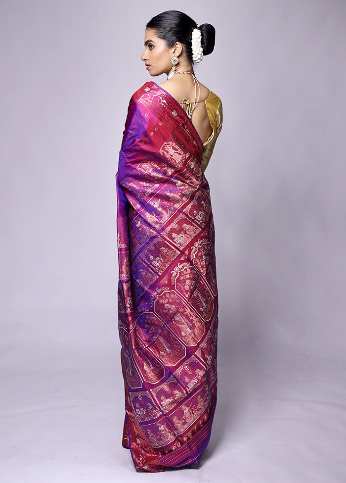 Purple Handloom Baluchari Pure Silk Saree With Blouse Piece