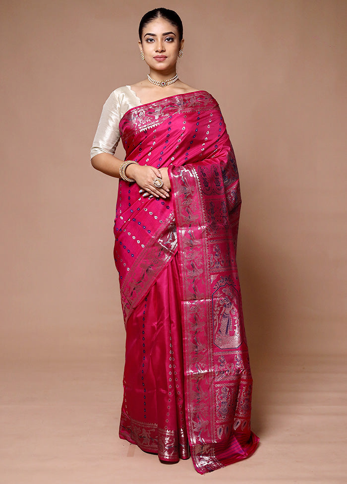 Pink Handloom Baluchari Pure Silk Saree With Blouse Piece