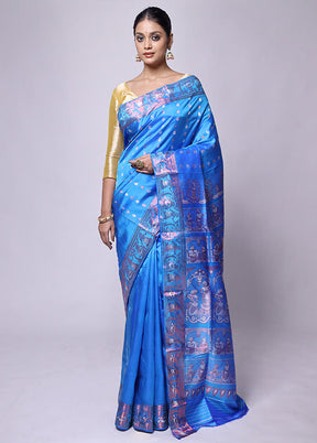 Blue Handloom Baluchari Pure Silk Saree With Blouse Piece