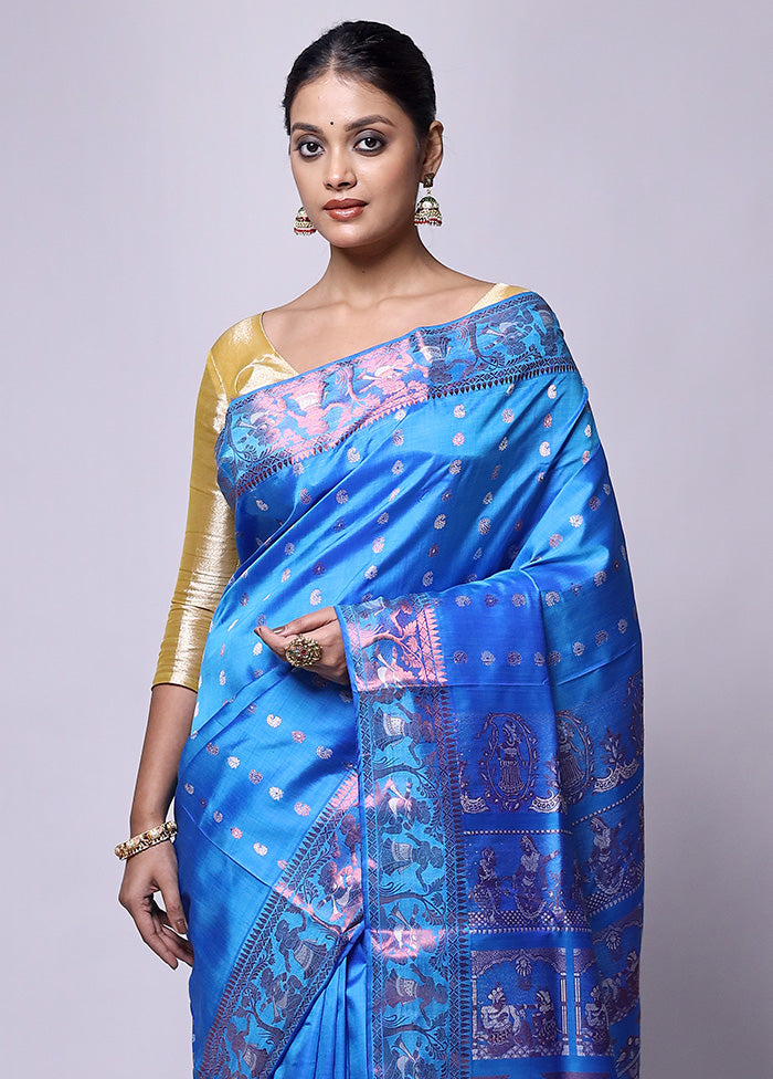 Blue Handloom Baluchari Pure Silk Saree With Blouse Piece