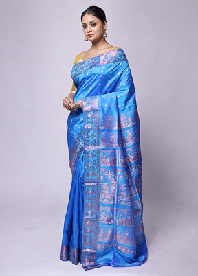 Blue Handloom Baluchari Pure Silk Saree With Blouse Piece