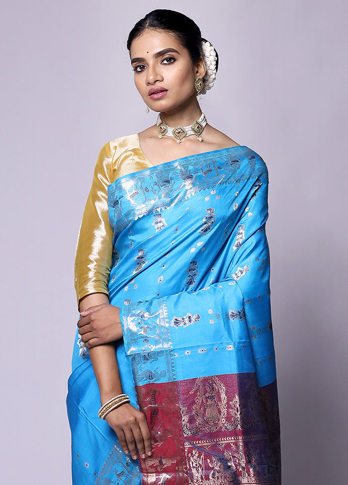 Blue Handloom Baluchari Pure Silk Saree With Blouse Piece