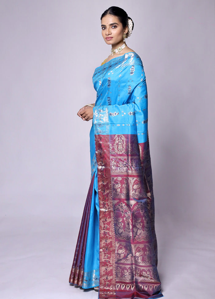 Blue Handloom Baluchari Pure Silk Saree With Blouse Piece