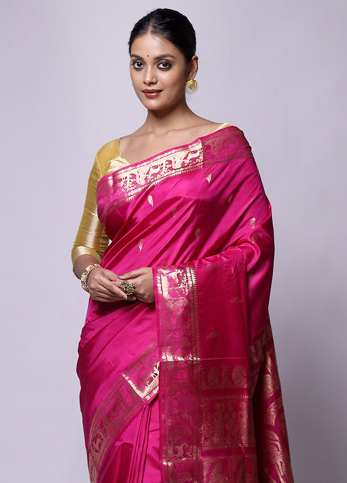 Pink Handloom Baluchari Pure Silk Saree With Blouse Piece