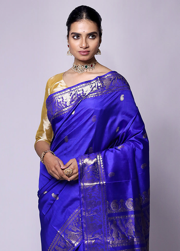 Blue Handloom Baluchari Pure Silk Saree With Blouse Piece