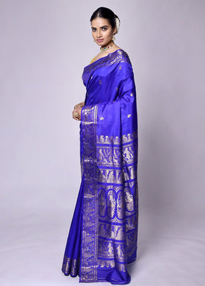 Blue Handloom Baluchari Pure Silk Saree With Blouse Piece