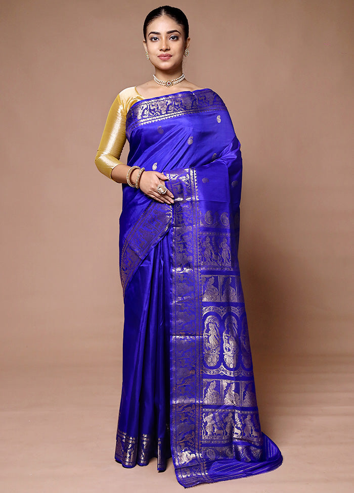 Blue Handloom Baluchari Pure Silk Saree With Blouse Piece